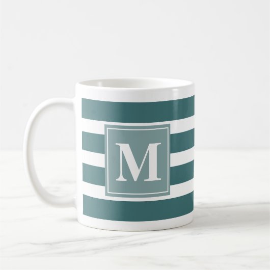 Moderne Blauwe en Witte Streep met Monogram Koffiemok (Links)
