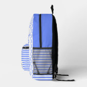 Moderne blauwe en witte strepen monogram bedrukte rugzak (Rechts)