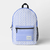 Moderne blauwe en witte strepen monogram bedrukte rugzak (Voorkant)