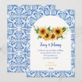 Moderne Blauwe en Witte Tegels Zonnebloem Bruiloft Kaart (Voorkant / Achterkant)