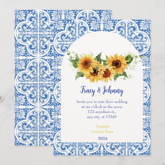 Moderne Blauwe en Witte Tegels Zonnebloem Bruiloft Kaart (Voorkant / Achterkant)