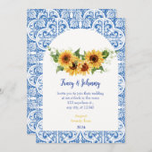Moderne blauwe en witte tegels Zonnebloem Trouwkaa Kaart (Voorkant / Achterkant)