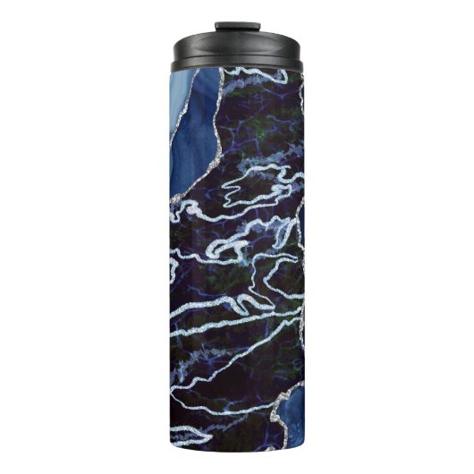 Moderne blauwe en zilveren agaat gemarmerd thermosbeker (Voorkant)
