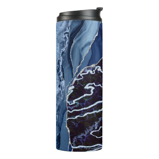 Moderne blauwe en zilveren agaat gemarmerd thermosbeker (Gedraaid links)