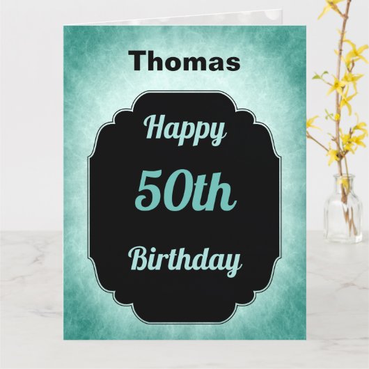 Moderne blauwe en zwarte masculine 50e verjaardag kaart (Gele Bloem)