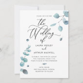 Moderne blauwe eucalyptus bruiloft kaart (Voorkant)