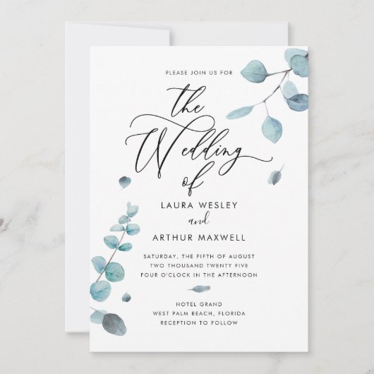 Moderne blauwe eucalyptus bruiloft kaart (Voorkant)