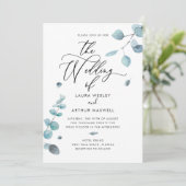 Moderne blauwe eucalyptus bruiloft kaart (Staand voorkant)