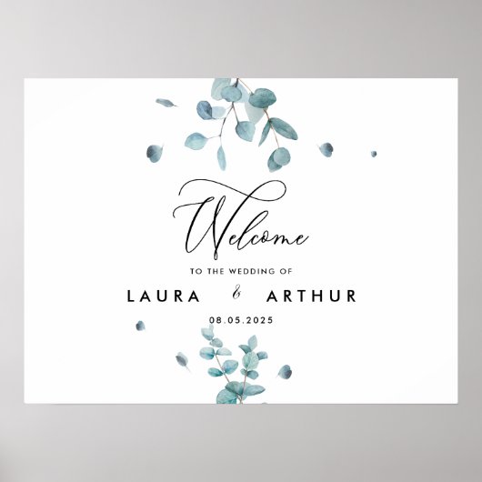 Moderne blauwe eucalyptus Wedding Poster/Signage Poster (Voorkant)