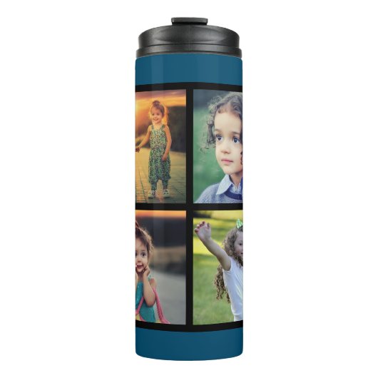 Moderne blauwe familie 4 foto collage familienaam thermosbeker (Voorkant)