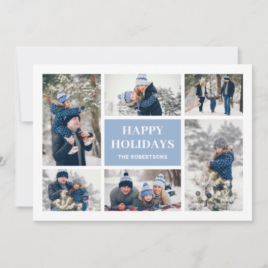 Moderne Blauwe Familie 8 Fotocollage Kerst Kaart (Voorkant)
