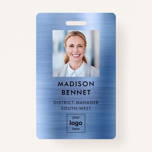 Moderne Blauwe Faux Metallic Corporate Foto Badge (Voorkant)