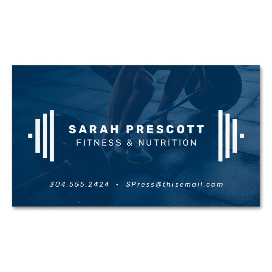 Moderne blauwe fitness trainer foto magnetisch visitekaartje (Voorkant)