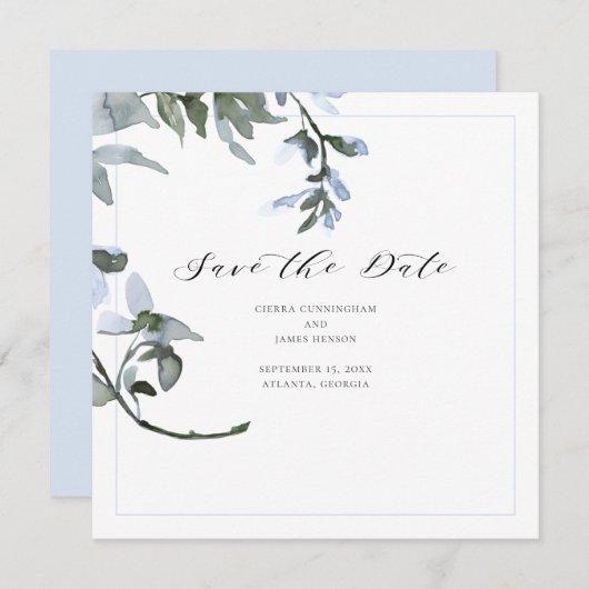 Moderne blauwe Floral kalligrafie Sla de datumkaar Save The Date (Voorkant / Achterkant)