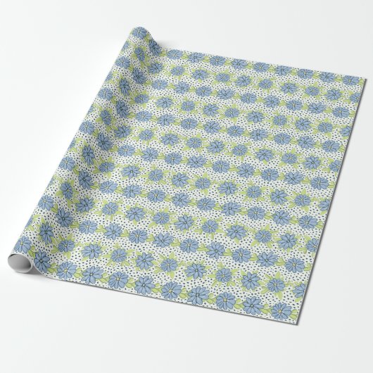 Moderne Blauwe Florale Lente Cadeaupapier (Uitgerold)