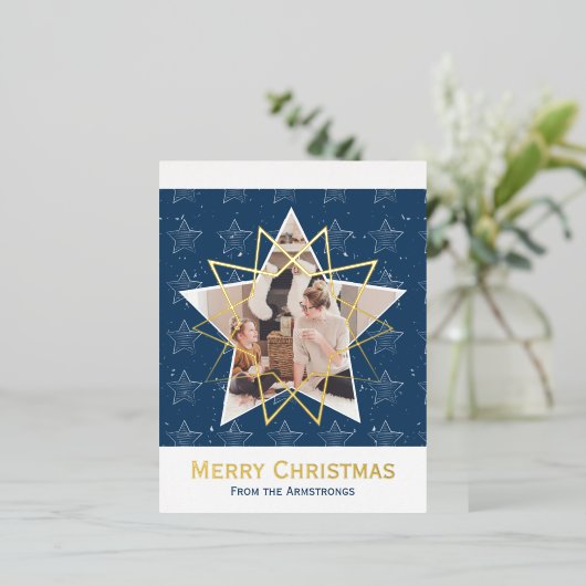 Moderne Blauwe Folie Sterren Vrolijke Kerstfoto Folie Feestdagen Briefkaart (Staand Voorkant)
