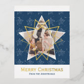 Moderne Blauwe Folie Sterren Vrolijke Kerstfoto Folie Feestdagen Briefkaart (Voorkant)