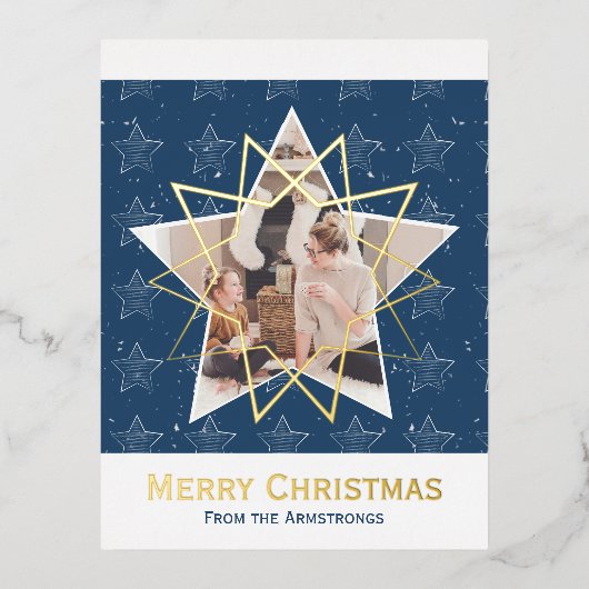 Moderne Blauwe Folie Sterren Vrolijke Kerstfoto Folie Feestdagen Briefkaart (Voorkant)