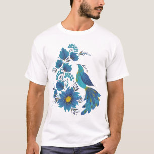 Moderne blauwe folk art bloemvogel grafische T-shi T-shirt