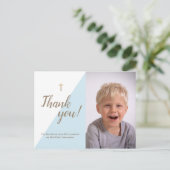 Moderne blauwe foto 1e Heilige Communie Dank u Briefkaart (Staand voorkant)