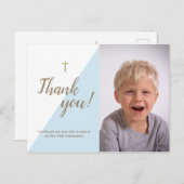 Moderne blauwe foto 1e Heilige Communie Dank u Briefkaart (Voorkant / Achterkant)