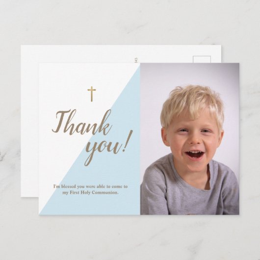 Moderne blauwe foto 1e Heilige Communie Dank u Briefkaart (Voorkant / Achterkant)