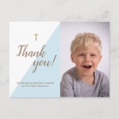 Moderne blauwe foto 1e Heilige Communie Dank u Briefkaart (Voorkant)