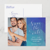 Moderne Blauwe Foto Budget Bruiloft Save the Date Aankondigingskaart (Voorkant / Achterkant)