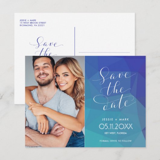 Moderne Blauwe Foto Budget Bruiloft Save the Date Aankondigingskaart (Voorkant / Achterkant)