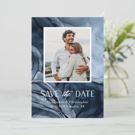 Moderne Blauwe Foto Flat Save The Date Kaart (Staand voorkant)