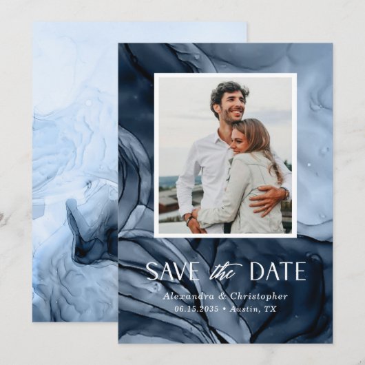 Moderne Blauwe Foto Flat Save The Date Kaart (Voorkant / Achterkant)