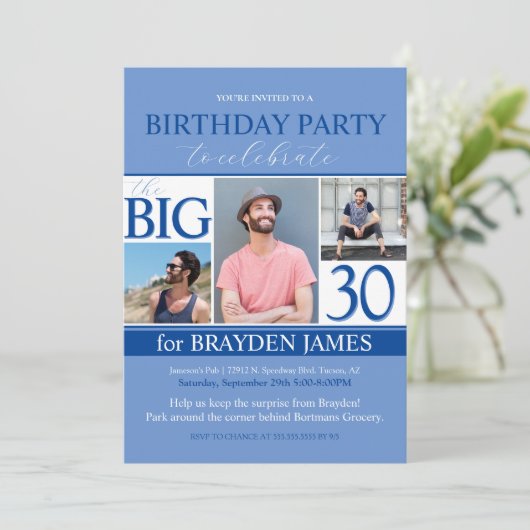 Moderne Blauwe Fotocollage 30e Verjaardag Uitnodig Kaart (Staand voorkant)