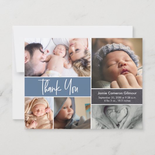 Moderne Blauwe Fotocollage Baby Shower Bedankkaart (Voorkant)