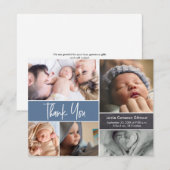 Moderne Blauwe Fotocollage Baby Shower Bedankkaart (Voorkant / Achterkant)