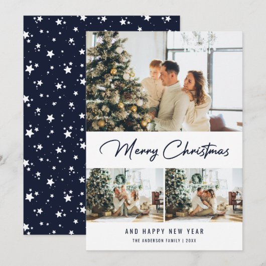 Moderne Blauwe Fotocollage Kerstmis Nieuwjaar Kaar Feestdagenkaart (Voorkant / Achterkant)