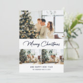 Moderne Blauwe Fotocollage Kerstmis Nieuwjaar Kaar Feestdagenkaart (Staand voorkant)