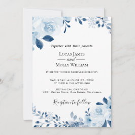 Moderne Blauwe Franse Bloemen Huwelijksuitnodiging Kaart
