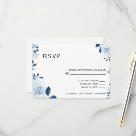 Moderne Blauwe Franse Bloemige Bruiloft RSVP Kaartje