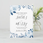 Moderne Blauwe Franse Bloemige Bruiloft Save The Date (Staand voorkant)