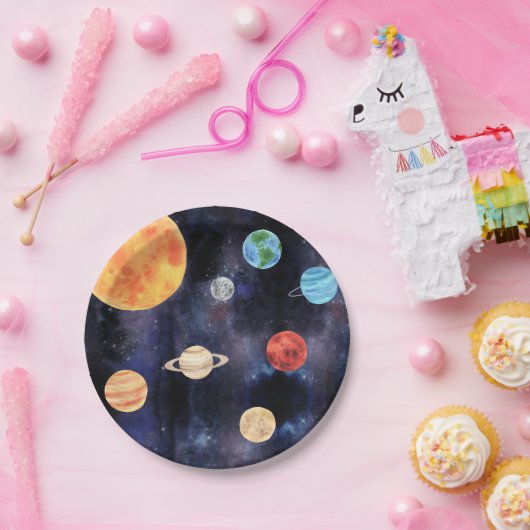 Moderne Blauwe Galaxy Planeten Ruimte Papieren Bordje (Feest)