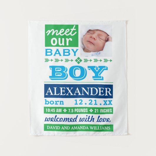Moderne blauwe geboorteaankondiging voor babyjonge wandkleed (Voorkant)