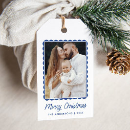 Moderne blauwe gegolfde lijst vakantiefoto cadeaulabel