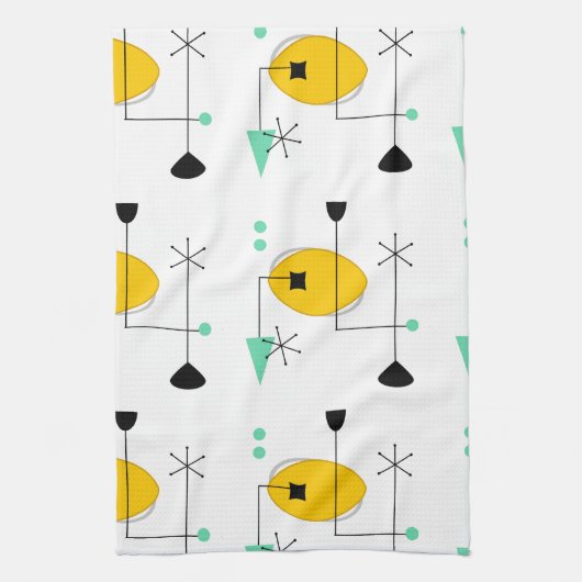 moderne blauwe gele retro - oranje theedoek (Verticaal)