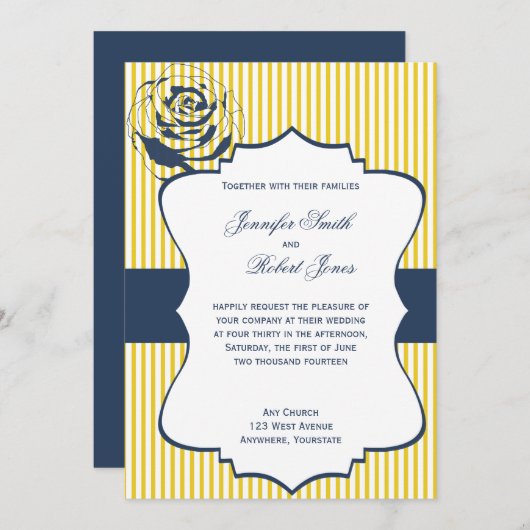 Moderne Blauwe Gele Streep Bruiloft Uitnodiging (Voorkant / Achterkant)