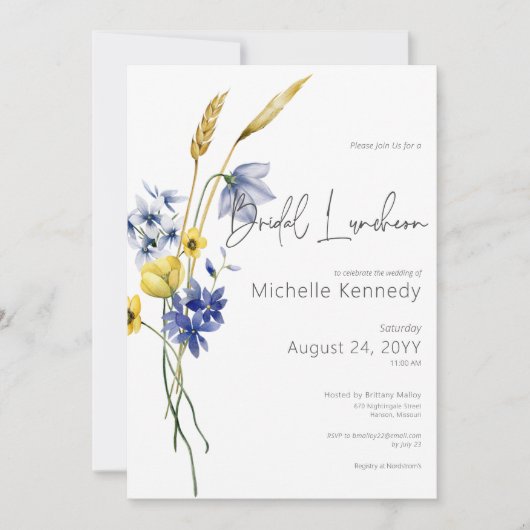 Moderne Blauwe & Gele Wildbloemen Bruidslunch Kaart (Voorkant)