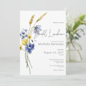 Moderne Blauwe & Gele Wildbloemen Bruidslunch Kaart (Staand voorkant)