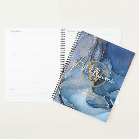 Moderne Blauwe Geode Agate Gouden Monogram 2023 Planner (Display)