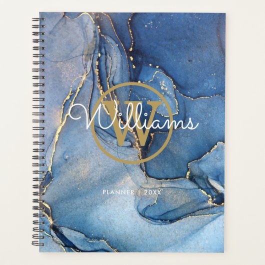 Moderne Blauwe Geode Agate Gouden Monogram 2023 Planner (Voorkant)