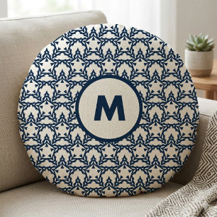 Moderne Blauwe Geometrische Ster Gepersonaliseerd Rond Kussen