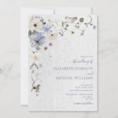 Moderne blauwe geperste wilde bloemen bruiloft kaart (Voorkant)